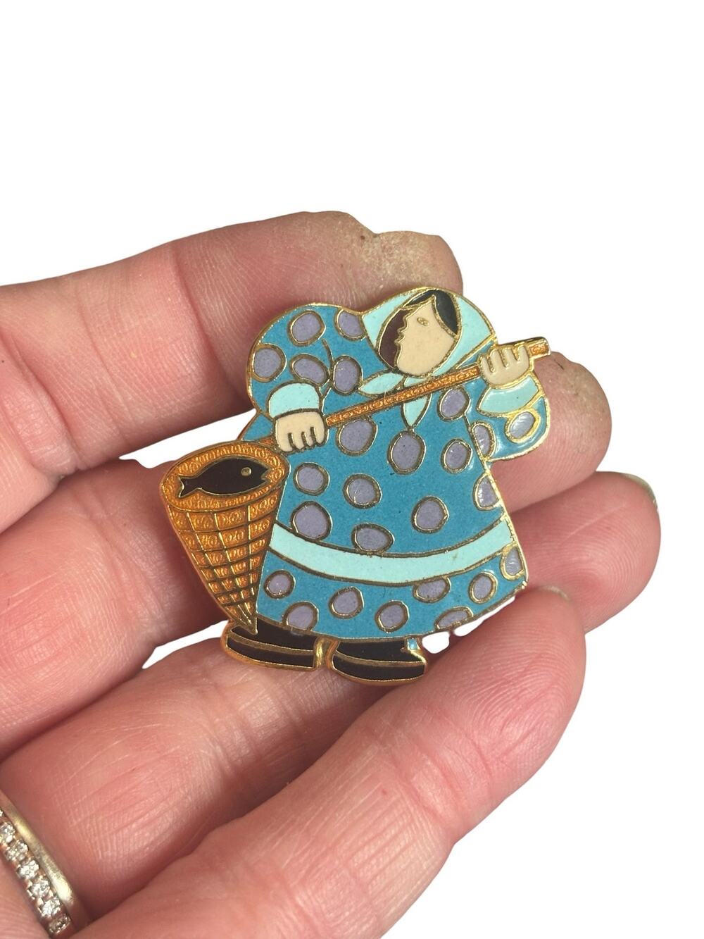Barbara Lavallee Artique Ltd Enamel Brooch Alaska Woman Fishing Basket Signed